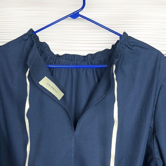 YUNE HO Cotton Navy Blue Peplum Top Relaxed Fit Blouse Drawstring Neck M - Picture 12 of 15